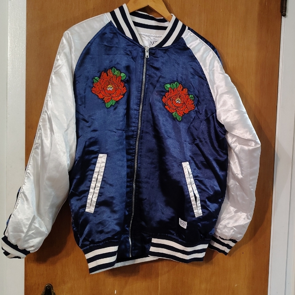 Ages Blue Satin Bomber Jacket with Floral Skull Embroidery